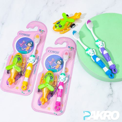 2 in 1 Cute Cartoon Soft-bristled Kids Toothbrush 3-12 Yrs