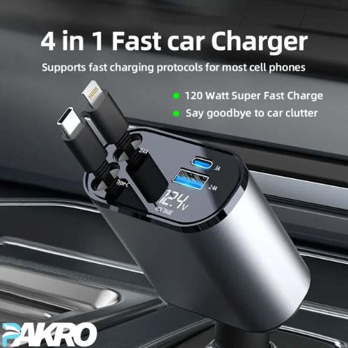 120W Retractable Car Charger 4 in 1 Car Fast Charger For IPhone, USB, Type C