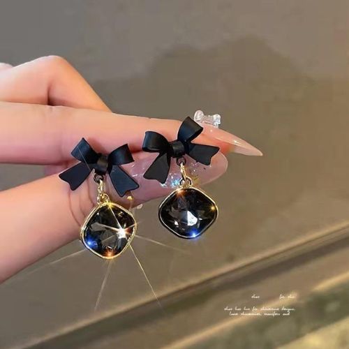 Black - Bow Shape Korean Earrings- AWJ-166