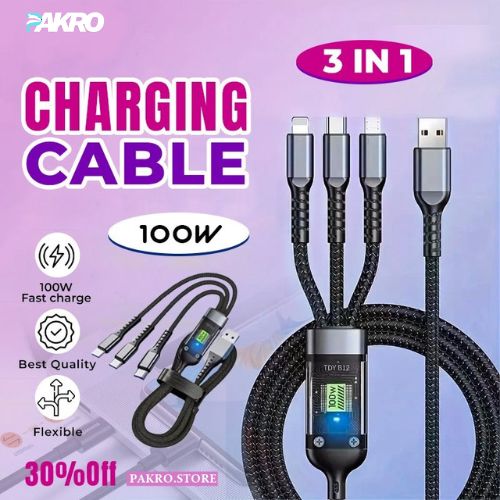 100W - 3-in-1 USB Fast Charging Cable – Type C, Micro, iOS Multi Charger Cable