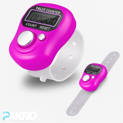 Portable LCD Digital Counter Tasbih - Finger Ring Counter.  Two pink digital tally counters with white bands on a light gray background. Pako Store