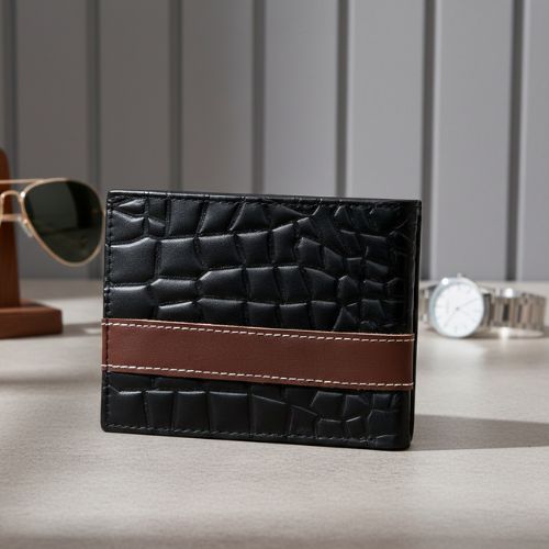 Men’s Croc-Texture Cow Leather Wallet | Black with Maroon Strip
