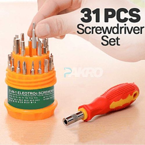 31-piece screwdriver set with a hand holding a screwdriver, displayed on a light background. Pakro Store