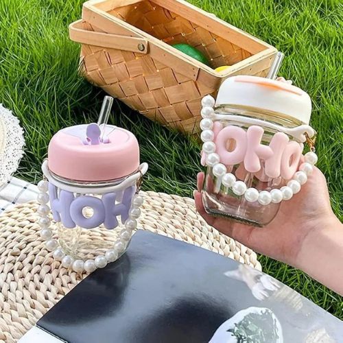 Cute Glass Straw Cup for Girls - 350 Ml