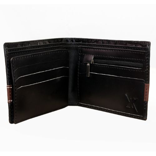 Men’s Croc-Texture Cow Leather Wallet | Black with Maroon Strip