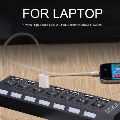 7 Port USB 2.0 Hub - Independent Switch - Compatible with Pc & Tablets