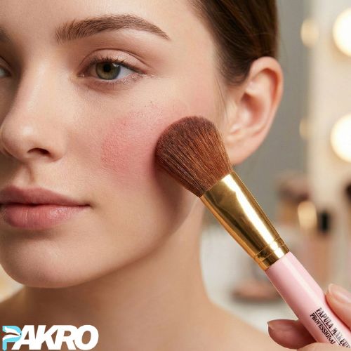 Woman applying makeup with a brush, featuring the brand 'PAKRO' in the corner.