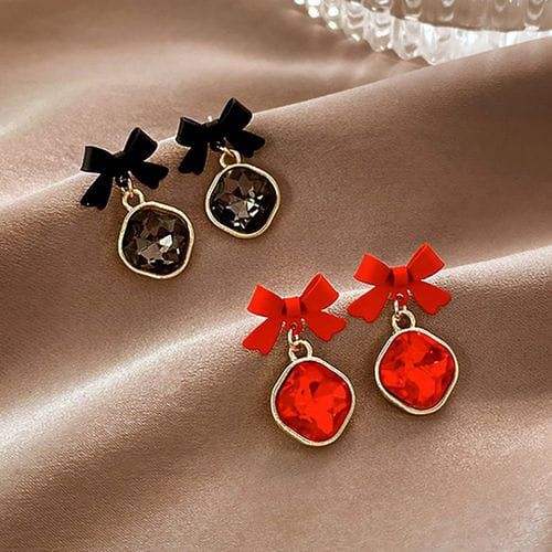 Black - Bow Shape Korean Earrings- AWJ-166