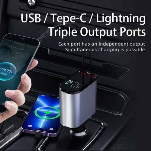 120W Retractable Car Charger 4 in 1 Car Fast Charger For IPhone, USB, Type C