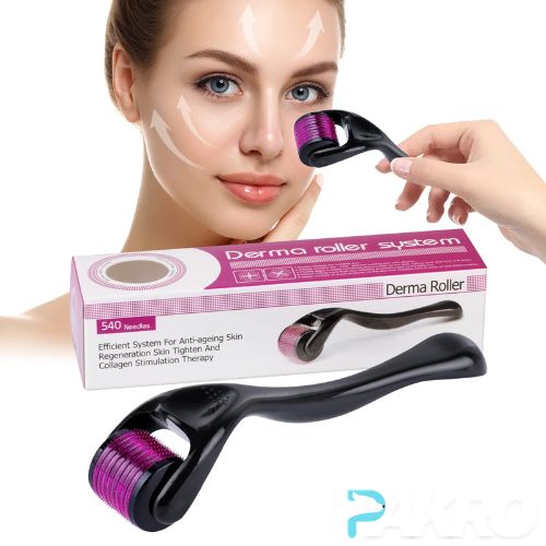 Derma roller system with a woman holding it and a box in the background