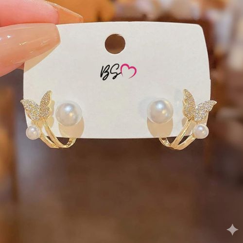Golden - Butterfly Pearl Korean Earrings - AXJ-161