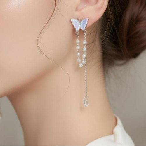 Elegant Butterfly with Pearl Tassels Drop Earrings – S925