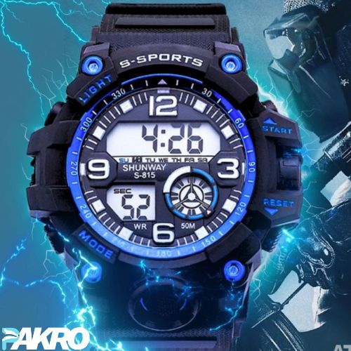 Digital sports watch with blue accents on a dynamic background, featuring the brand 'PAKRO'.