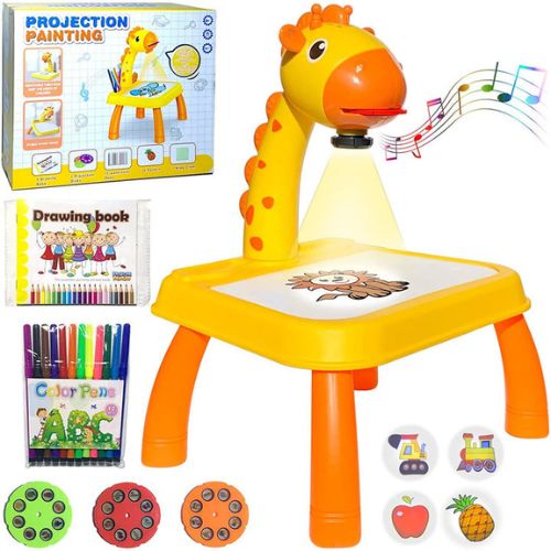 Children's projection painting set with giraffe-shaped projector, drawing book, and markers.