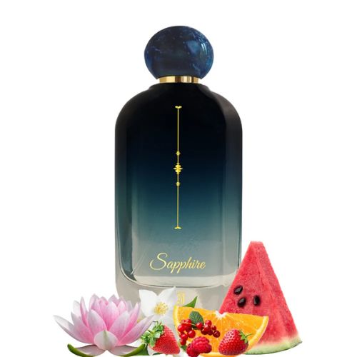 Perfume bottle labeled 'Sapphire' with fruit and flower graphics on a white background