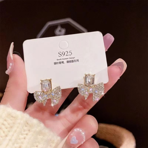 Sparkling Bow Shape Zircon Korean Earrings - ZJE-165