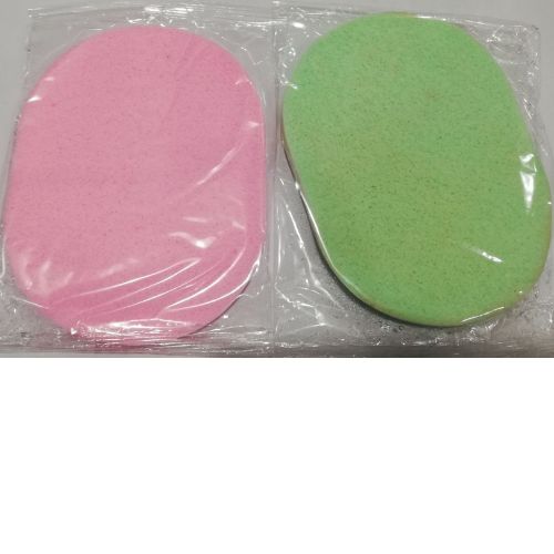 Two round, pink and green foam pads in clear packaging on a white background