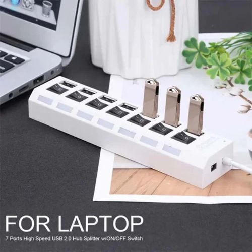 7 Port USB 2.0 Hub - Independent Switch - Compatible with Pc & Tablets