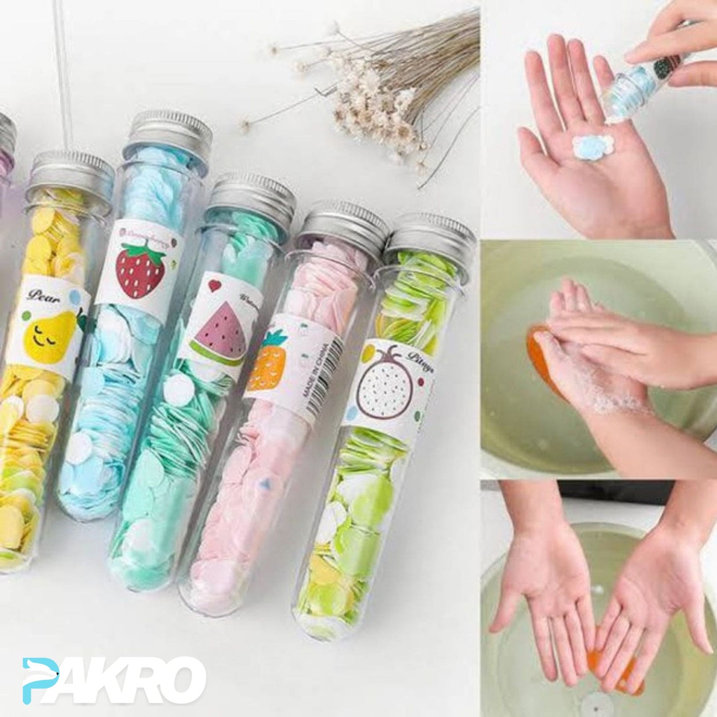 Fruit Paper Soap - Scented Tube Soap - Tube Paper Soap With Metal Cap. - Colorful hair tie tubes with cartoon labels and hands washing with soap.