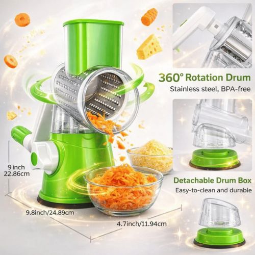 Green manual grater with 360-degree rotation drum, detachable drum box, and shredded carrots displayed. Pakro Store