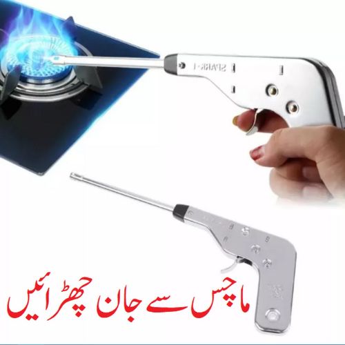 Metallic kitchen tool being used on a gas stove with text overlay. Cloudberry Pistol Shape Metal Impulse Igniter Spark Lighter for Kitchen