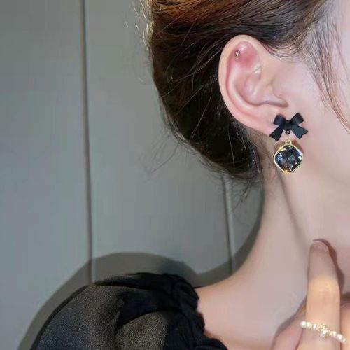 Black - Bow Shape Korean Earrings- AWJ-166