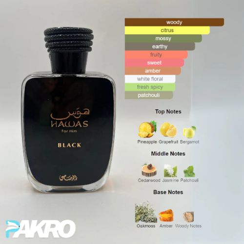 Perfume bottle labeled 'Hawas' with flavor profile chart on a white background