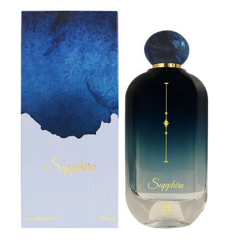 Sapphire perfume bottle and packaging on a white background