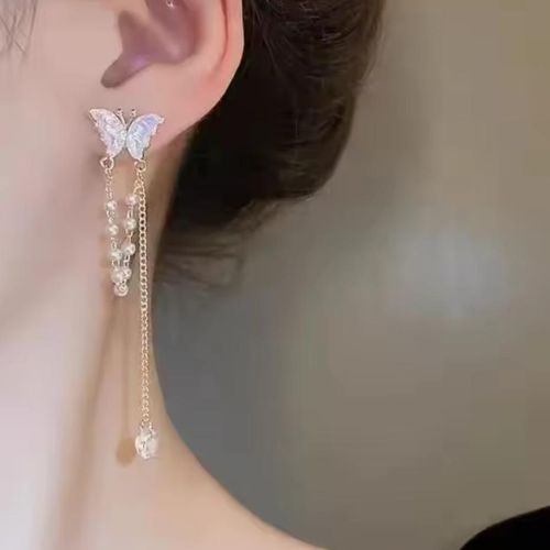 Elegant Butterfly with Pearl Tassels Drop Earrings – S925