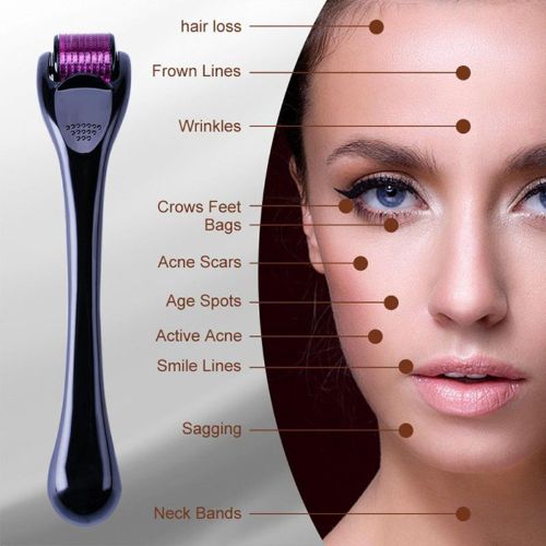 Derma Roller For Skin - Hair & Face with 540 Micro Needles. Facial roller device with labeled uses on a woman's face