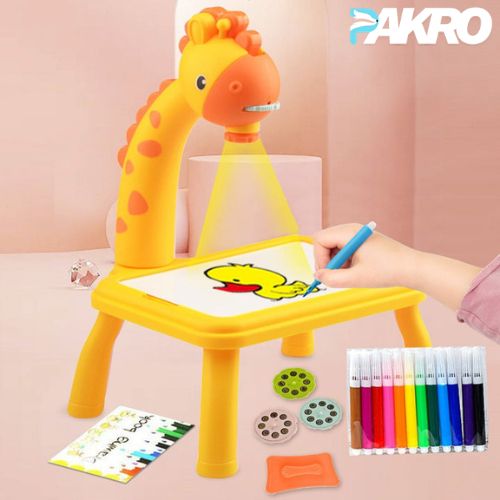 Yellow dinosaur-shaped drawing board with a hand holding a marker, surrounded by coloring supplies on a pink background.