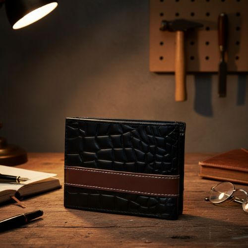 Men’s Croc-Texture Cow Leather Wallet | Black with Maroon Strip