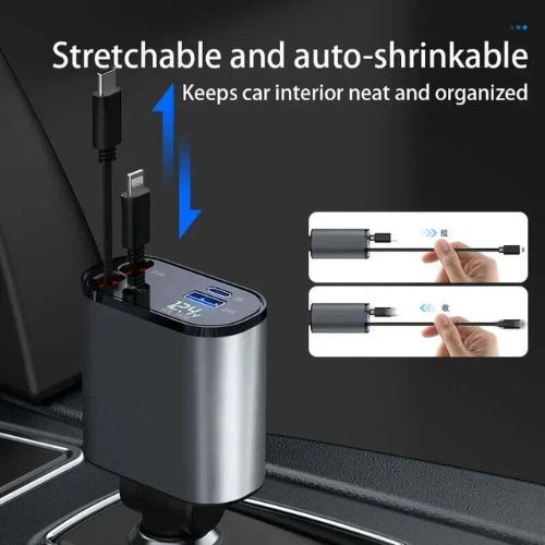 120W Retractable Car Charger 4 in 1 Car Fast Charger For IPhone, USB, Type C