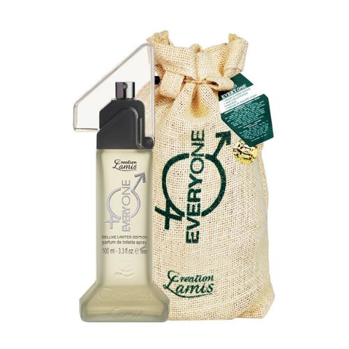 Perfume bottle with 'Everyone' packaging and a drawstring bag on a white background