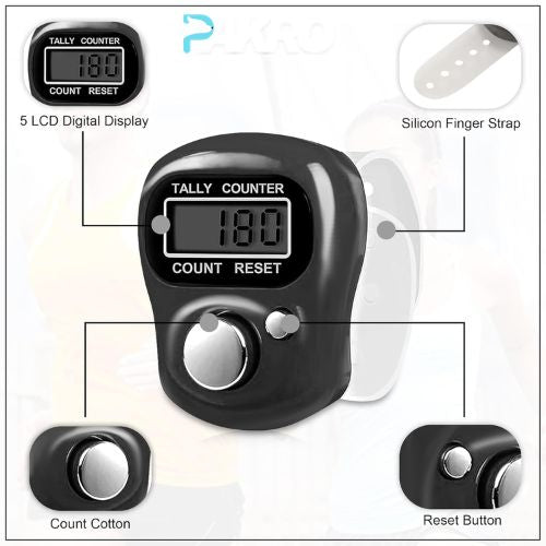 Portable LCD Digital Counter Tasbih - Finger Ring Counter,  Digital finger counter with labeled parts on a white background