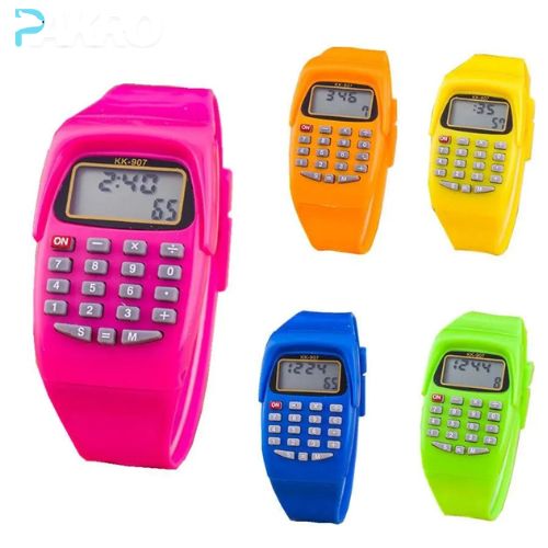Set of colorful digital calculators with wristbands on a white background. Pakro Store
