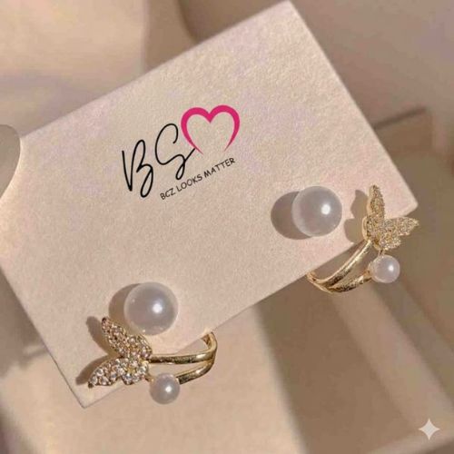 Golden - Butterfly Pearl Korean Earrings - AXJ-161