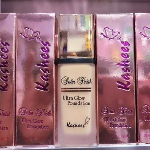 Kashees satin finish ultra glow foundation bottle with packaging in the background