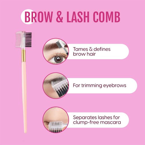 Brow and lash comb with usage instructions on a pink background
