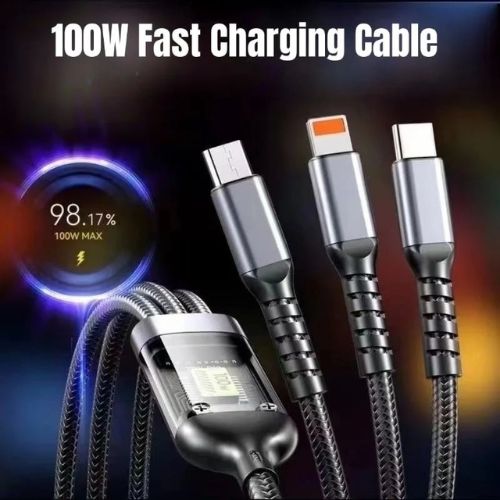 100W - 3-in-1 USB Fast Charging Cable – Type C, Micro, iOS Multi Charger Cable