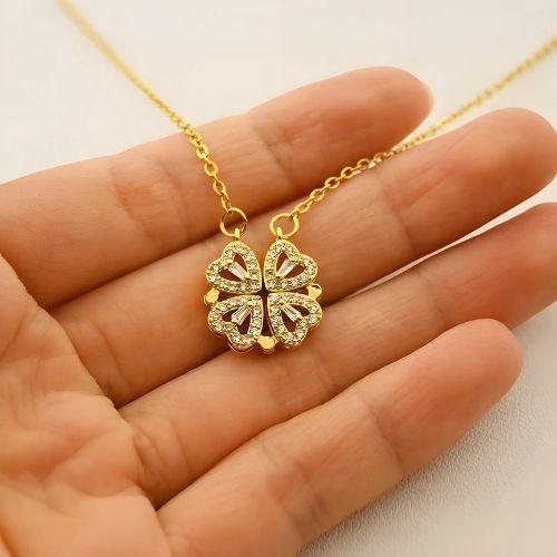 ZGE-923 Korean Magnetic 4 Leaf Clover Pendant Necklace- Golden & Silver