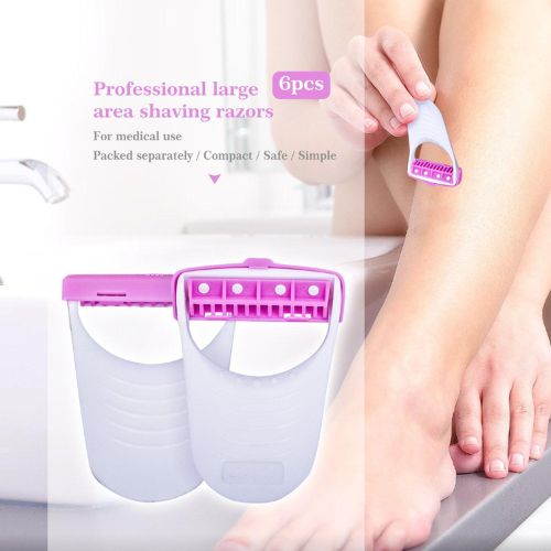 Shaving razors with packaging and a person using one on their leg. 6 pcs Ladies Shaver - Disposable Safety Razor For Women