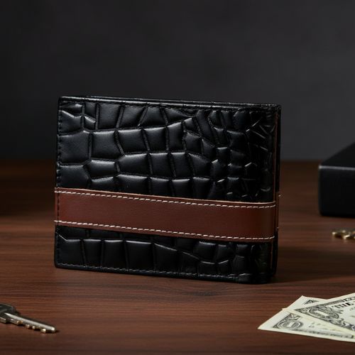 Men’s Croc-Texture Cow Leather Wallet | Black with Maroon Strip