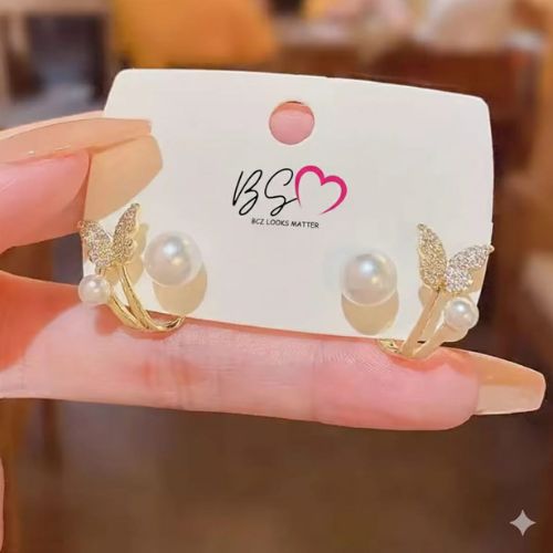 Golden - Butterfly Pearl Korean Earrings - AXJ-161