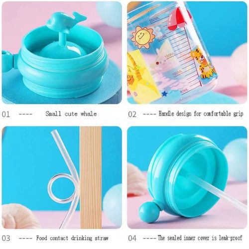 Portable Cartoon Straw Water Bottle with Decorative Whale- 250ml