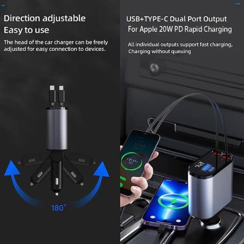 120W Retractable Car Charger 4 in 1 Car Fast Charger For IPhone, USB, Type C