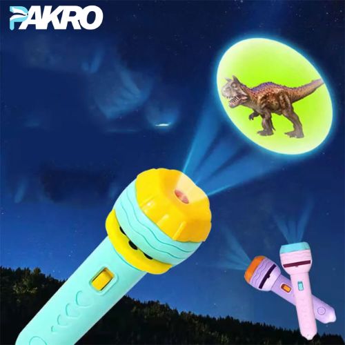 Toy microphone projecting a dinosaur onto a screen with 'PAKRO' branding.