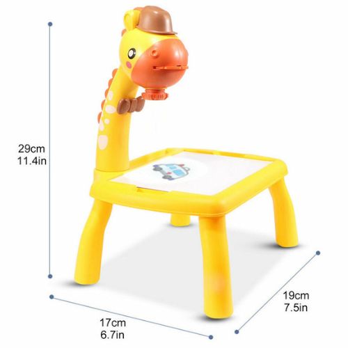 Yellow giraffe-shaped children's chair with a small table on a white background, showing measurements.