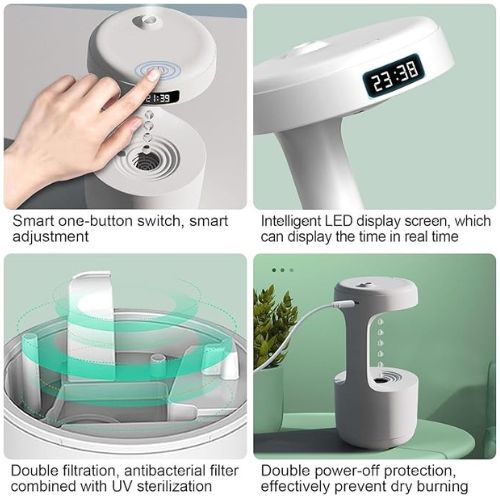 Anti-Gravity Cool Mist Humidifier With Clock & Aroma Diffuser For Home & Office