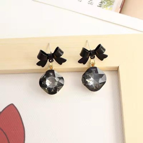 Black - Bow Shape Korean Earrings- AWJ-166
